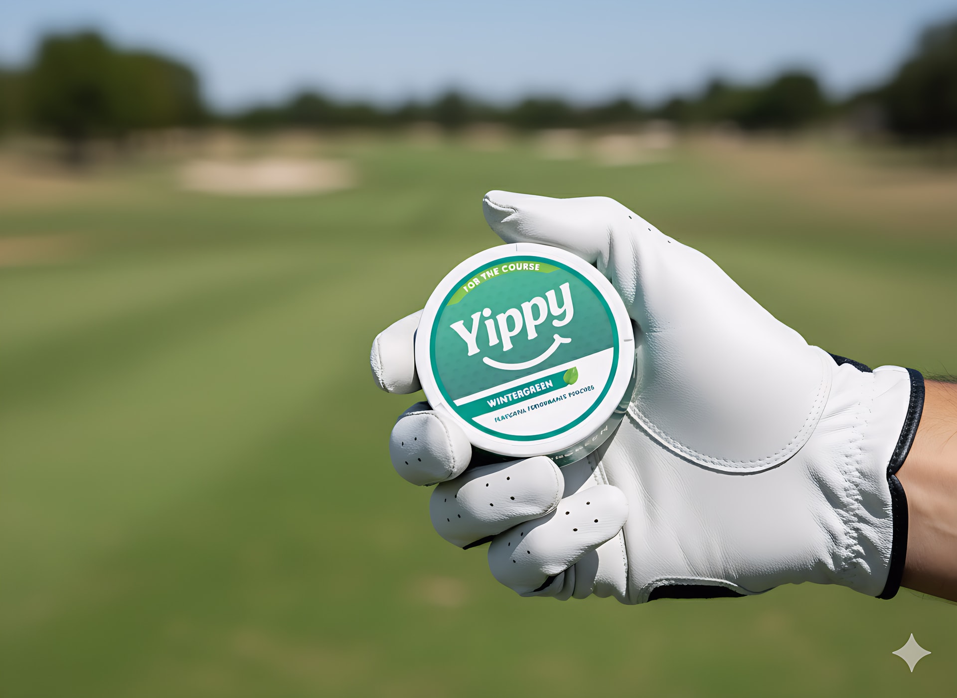 Yippy Wintergreen pouch held in a gloved hand on a golf course