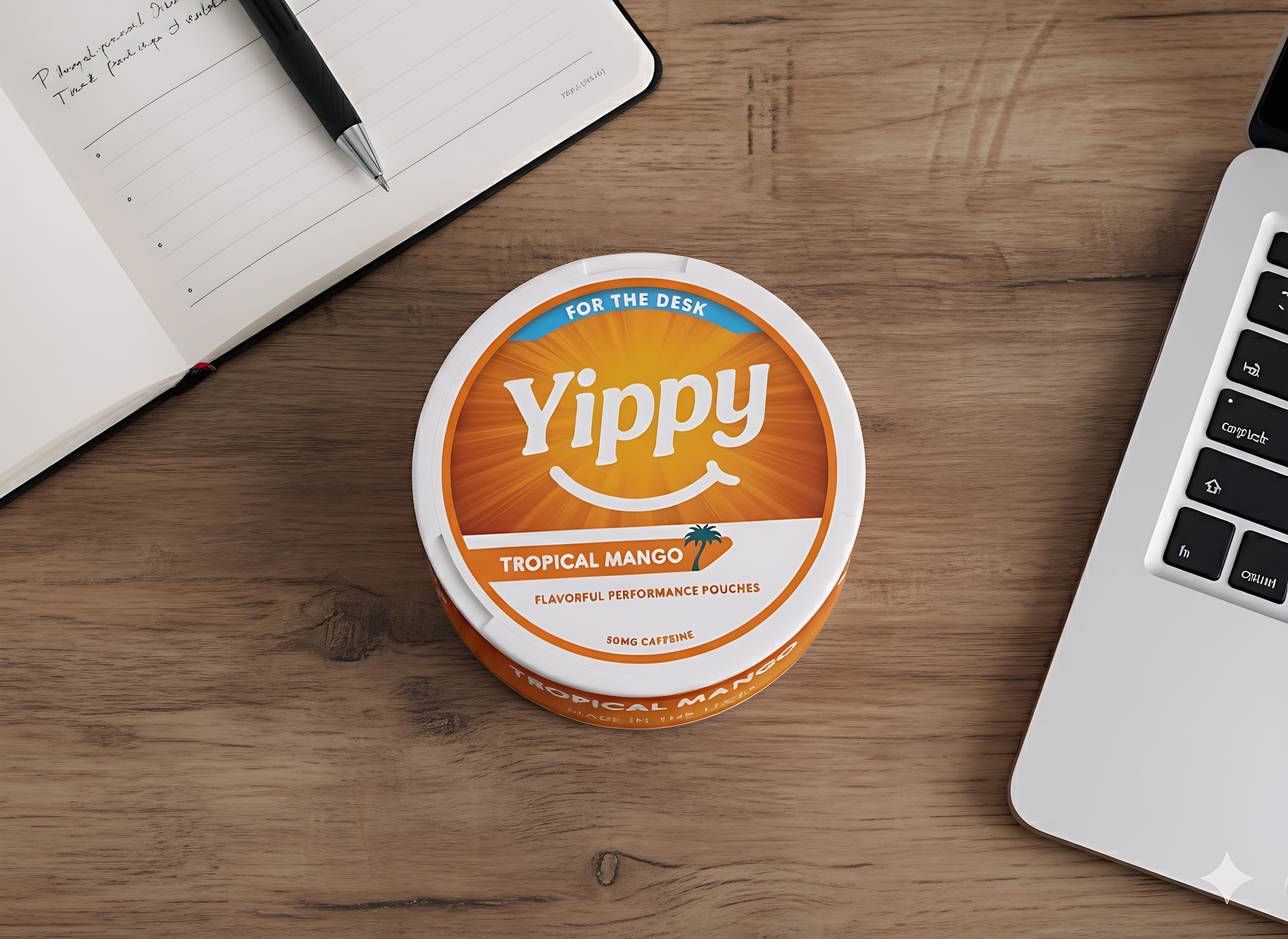 Yippy Tropical Mango can on a desk next to a laptop and notebook