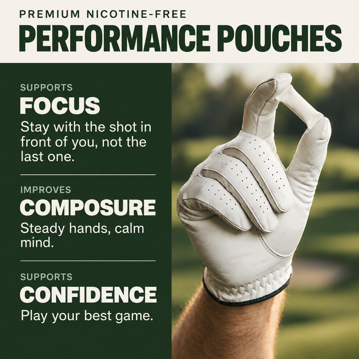 Yippy For The Course Wintergreen benefits: focus, composure, and confidence. A golf-gloved hand holds a nicotine-free pouch. Yippy For The Course Wintergreen benefits: focus, composure, and confidence. A golf-gloved hand holds a nicotine-free pouch.