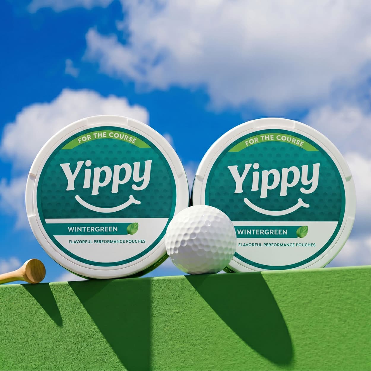 Yippy For The Course Wintergreen cans with a golf ball on a tee box