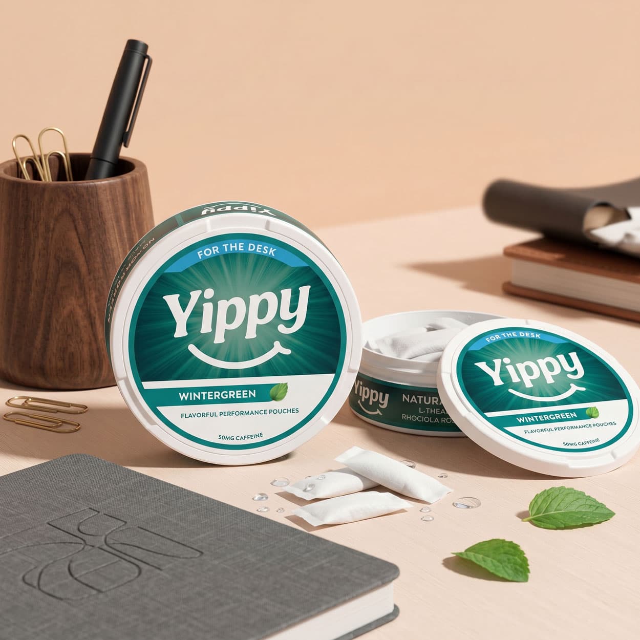 Yippy For The Desk Wintergreen cans and pouches arranged on a work desk