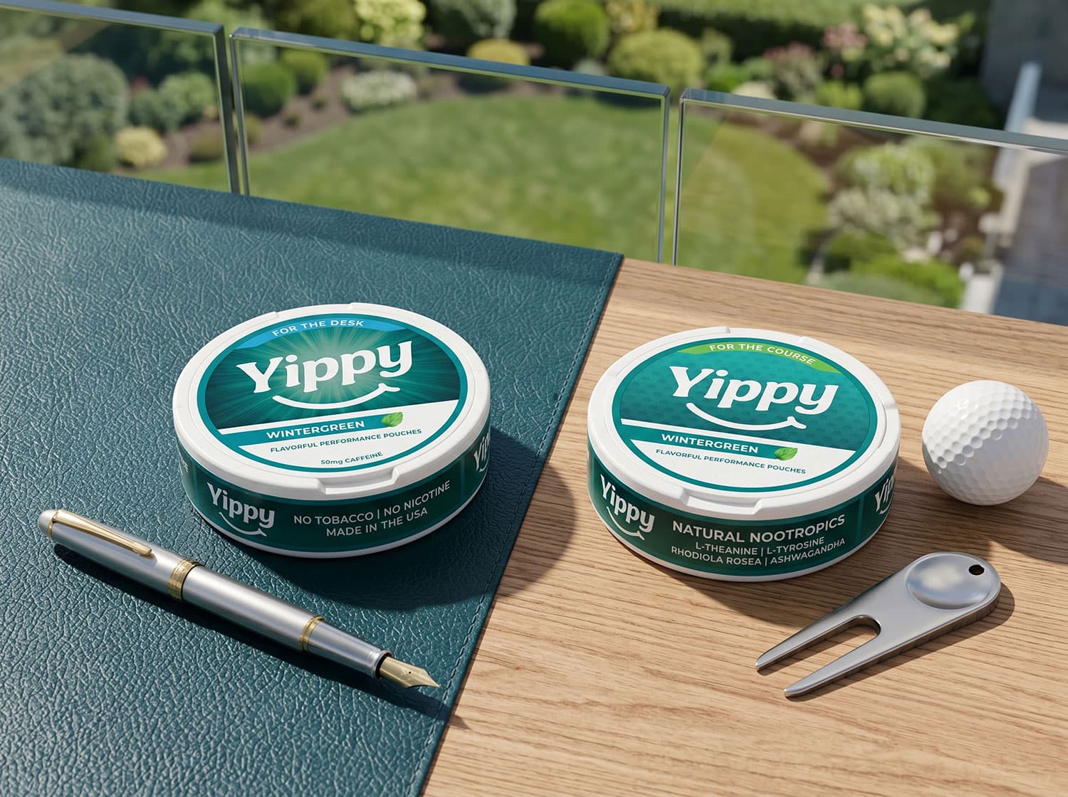 Yippy Desk and Course Wintergreen cans beside mint leaves, a pen, and a golf ball