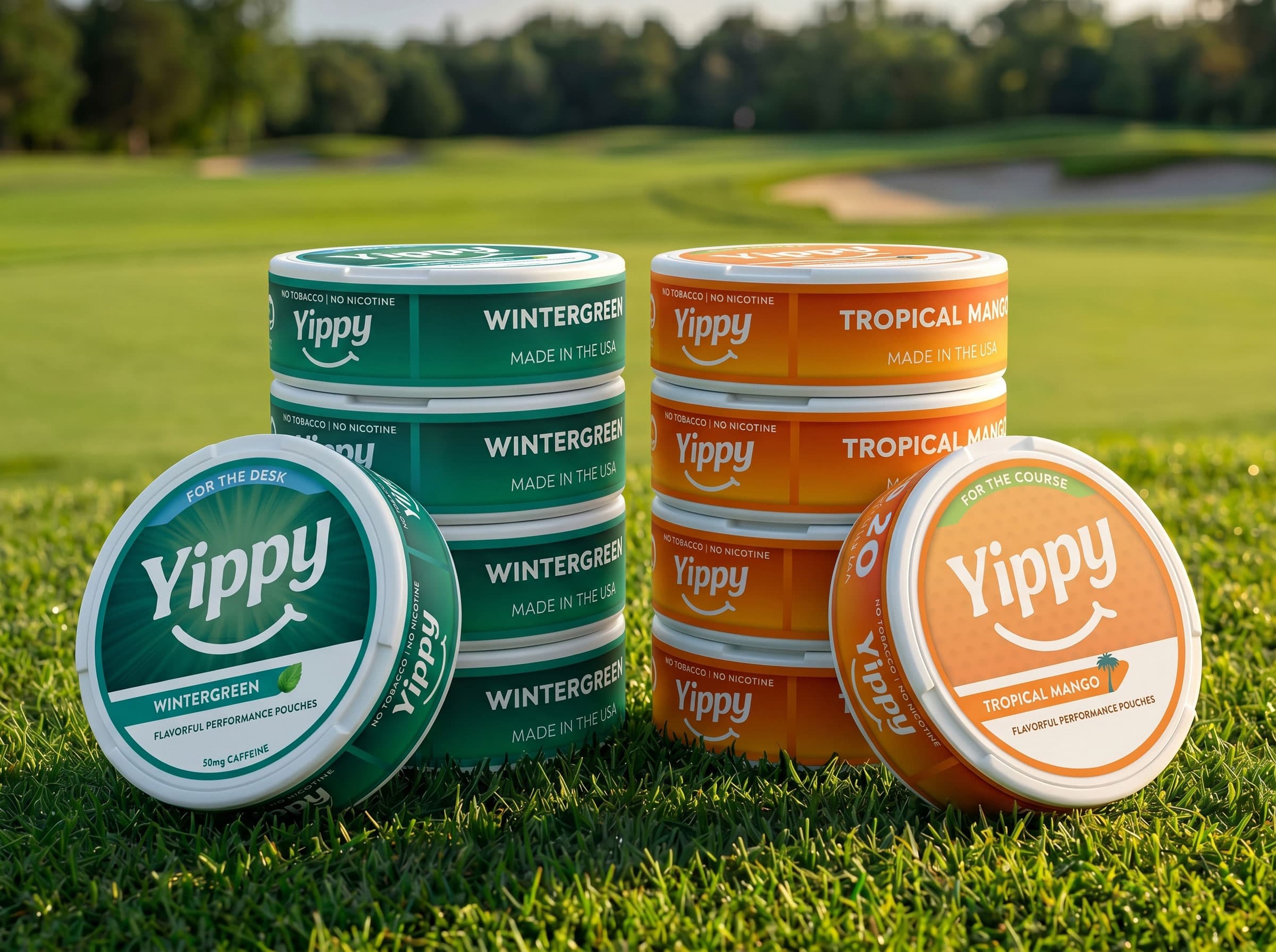 Yippy Value Pack with Wintergreen For The Desk and Tropical Mango For The Course cans on a golf course