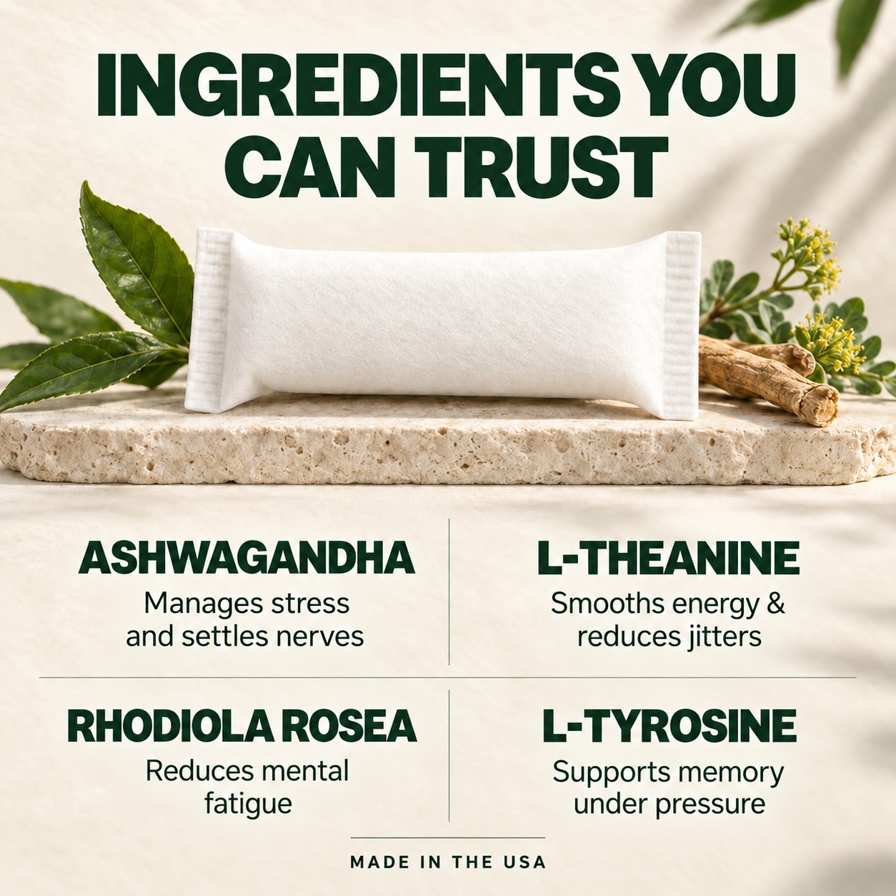 Yippy For The Course Wintergreen ingredients: white pouch with L-Theanine, Rhodiola Rosea, Ashwagandha and L-Tyrosine listed; made in the USA Yippy For The Course Wintergreen ingredients: white pouch with L-Theanine, Rhodiola Rosea, Ashwagandha and L-Tyrosine listed; made in the USA