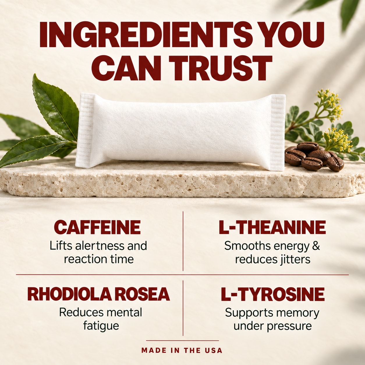 Yippy For The Desk Cinnamon ingredients: white pouch with caffeine, L-Theanine, L-Tyrosine and Rhodiola Rosea listed; made in the USA Yippy For The Desk Cinnamon ingredients: white pouch with caffeine, L-Theanine, L-Tyrosine and Rhodiola Rosea listed; made in the USA