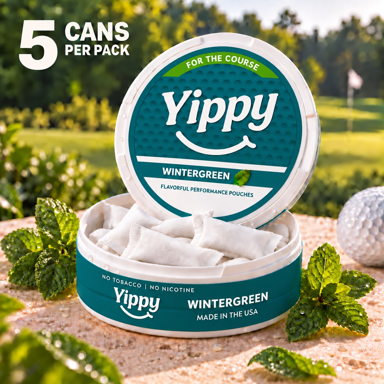 Yippy For The Course Pouches - Nicotine Switcher in Wintergreen, open can with white pouches; 5 cans per pack Yippy For The Course Pouches - Nicotine Switcher in Wintergreen, open can with white pouches; 5 cans per pack