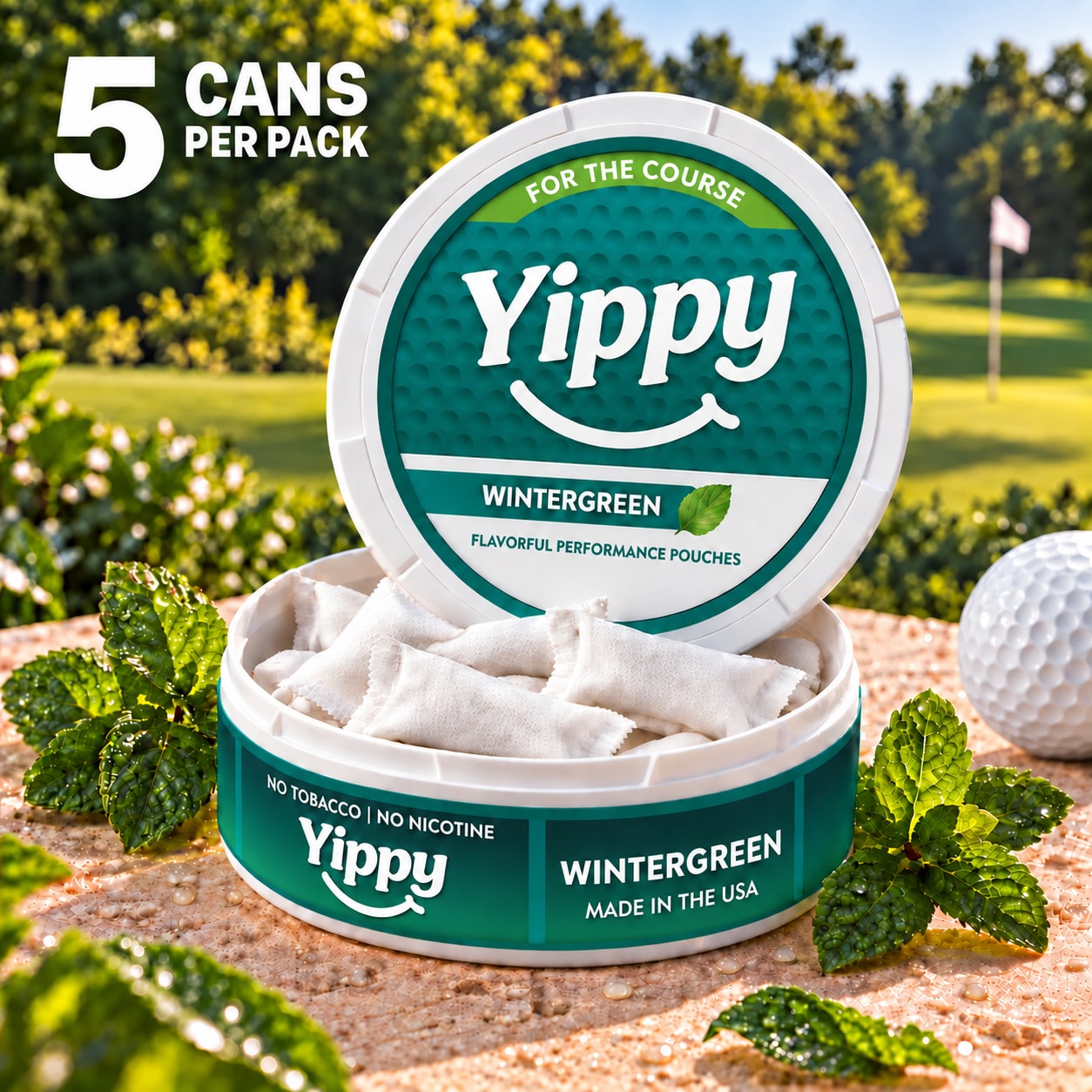 Yippy For The Course Pouches in Wintergreen, open can with white pouches; 5 cans per pack Yippy For The Course Pouches in Wintergreen, open can with white pouches; 5 cans per pack
