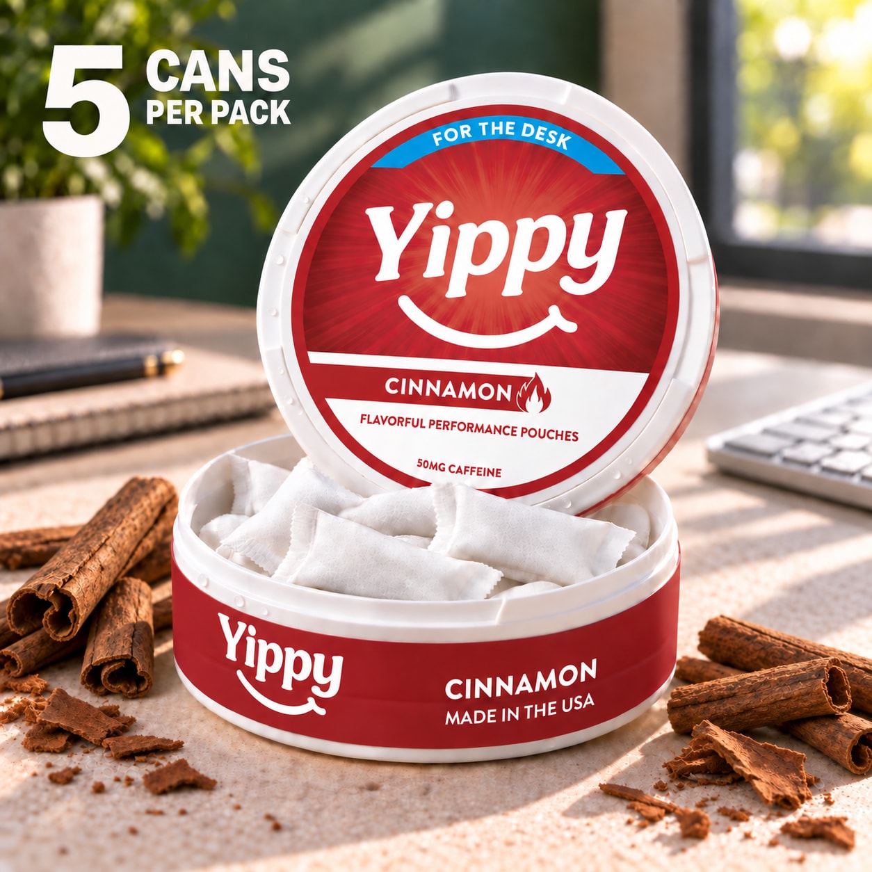Yippy For The Desk Pouches - Nicotine Switcher in Cinnamon, open can with white pouches; 5 cans per pack Yippy For The Desk Pouches - Nicotine Switcher in Cinnamon, open can with white pouches; 5 cans per pack
