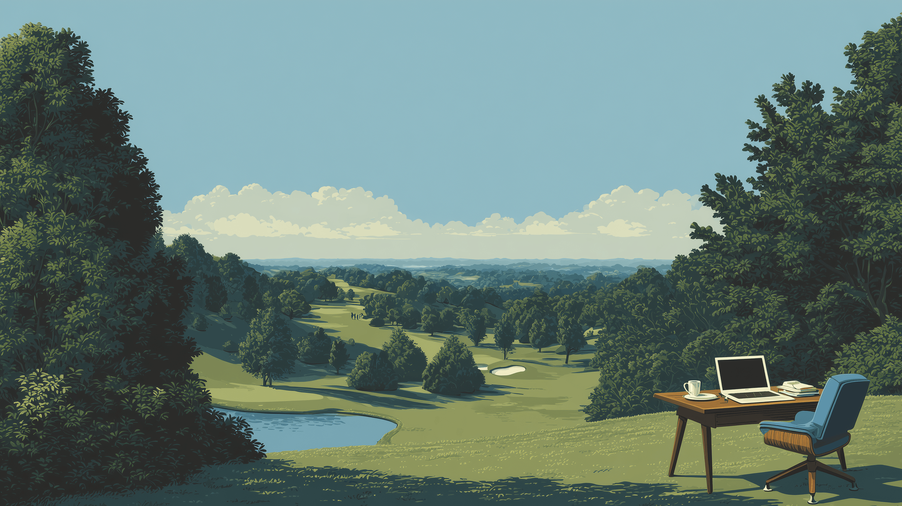 Scenic course view with desk workspace