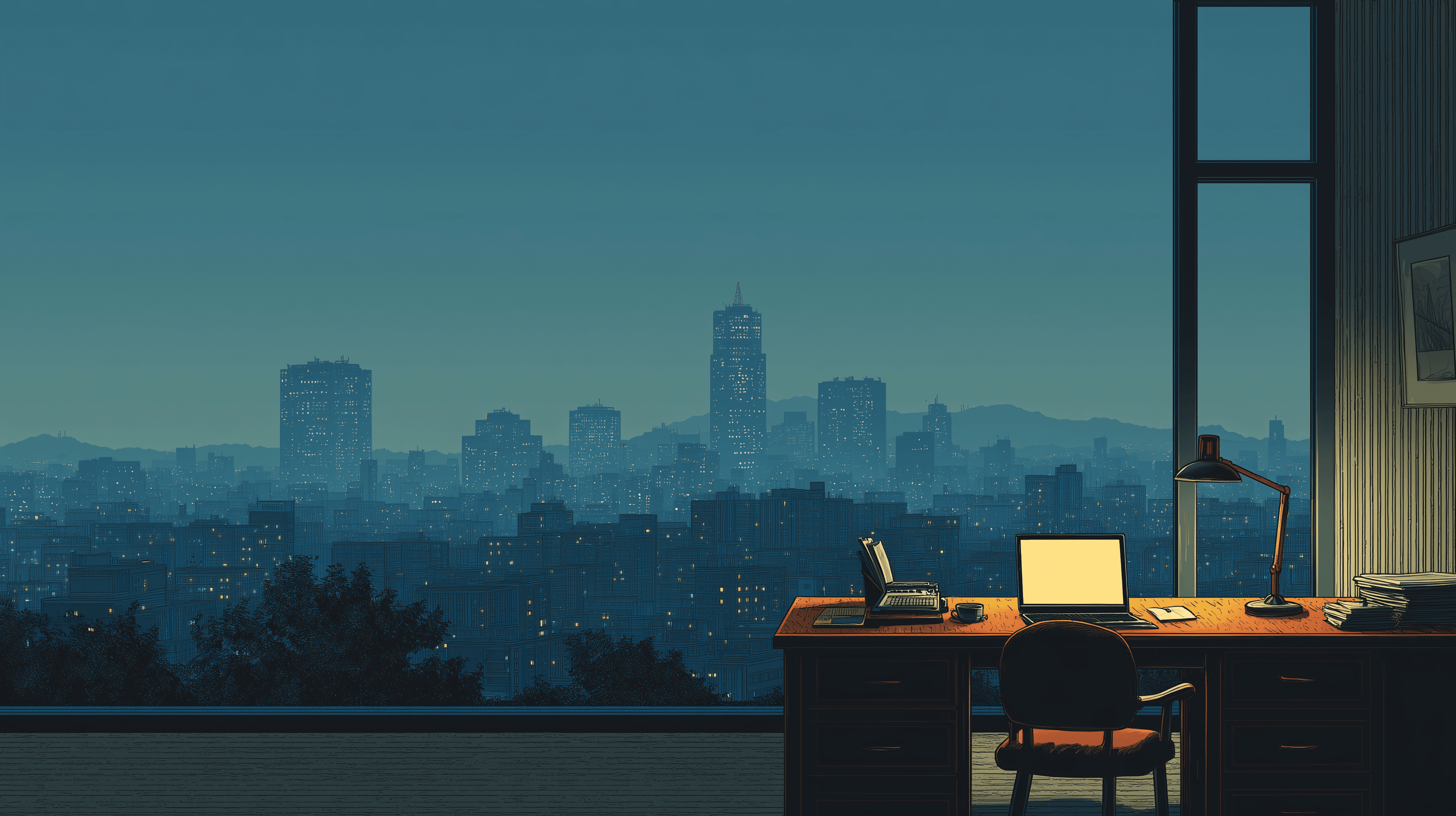 High-rise office view of a city skyline
