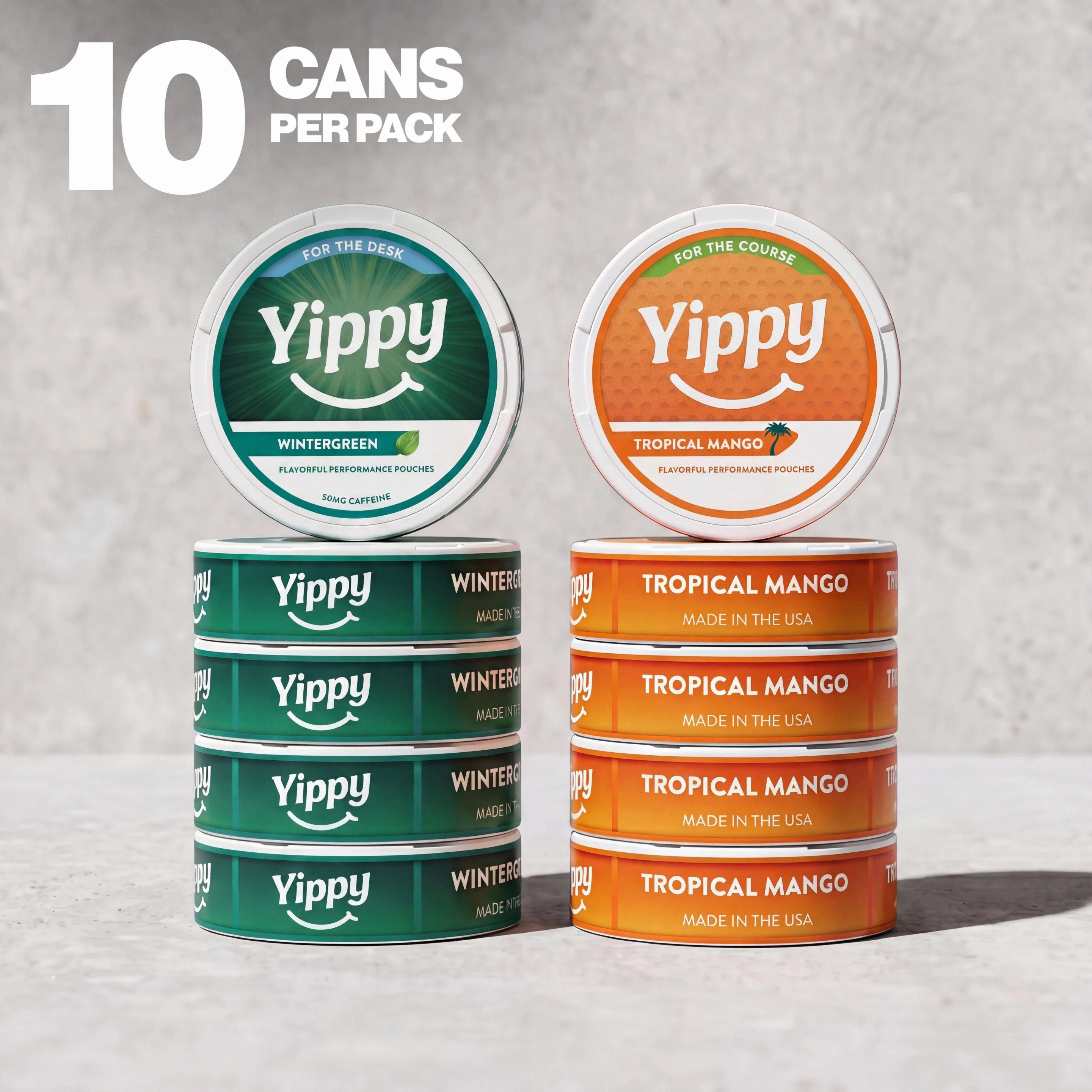Yippy Value Pack (10 Pack) Yippy Value Pack: 10-can wintergreen bundle of nicotine-free nootropic pouches (Desk + Course formulas) — hero