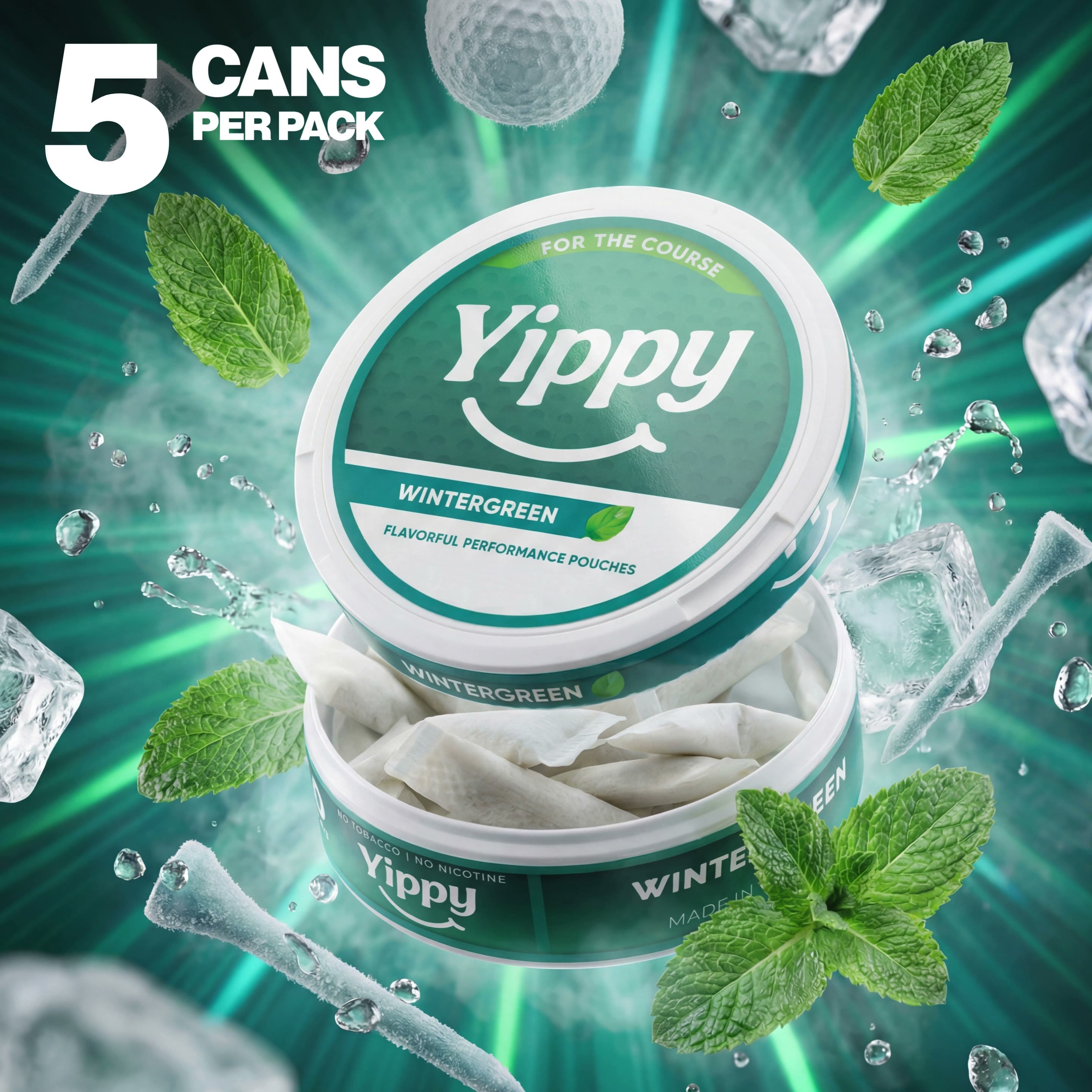 For the Course Pouches (5 Pack) - Wintergreen Yippy wintergreen pouches with mint leaves and ice cubes on a blue background
